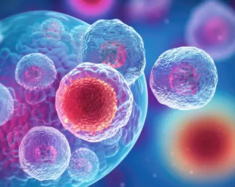 exosomes-cell-signaling Microscopic 3D render of a stem cell with a red core releasing smaller extracellular vesicles, showing how exosomes act as biological messengers.