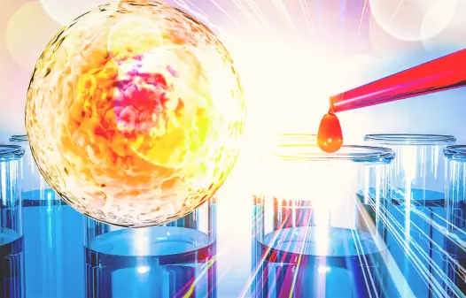Abstract glowing cell graphic and laboratory test tubes with a pipette illustrating the evolution of regenerative medicine and regenerative protein arrays.