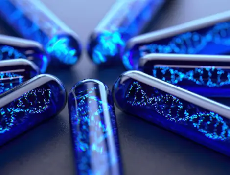 Glowing blue DNA structures in glass vials representing advanced regenerative therapies that deliver cellular signals to injured tissues.