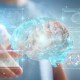 Hand touching a glowing holographic brain with data panels of molecules and scans, illustrating MUSE RPA research for chronic neuroinflammation.