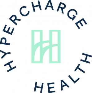 HyperCharge Health logo, mint green H monogram ringed by navy lettering, marking the Edina MN clinic offering restorative therapies.