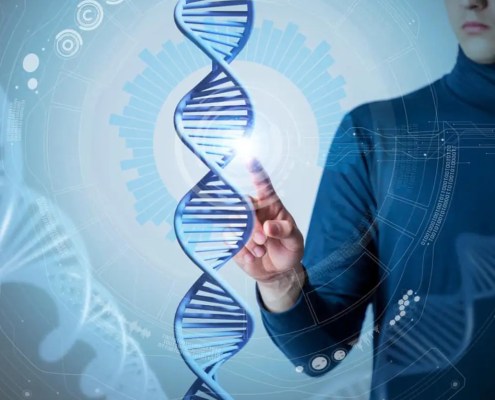 Futuristic interface with a hand reaching toward a 3D DNA strand, introducing the true cost of poor health and chronic conditions.