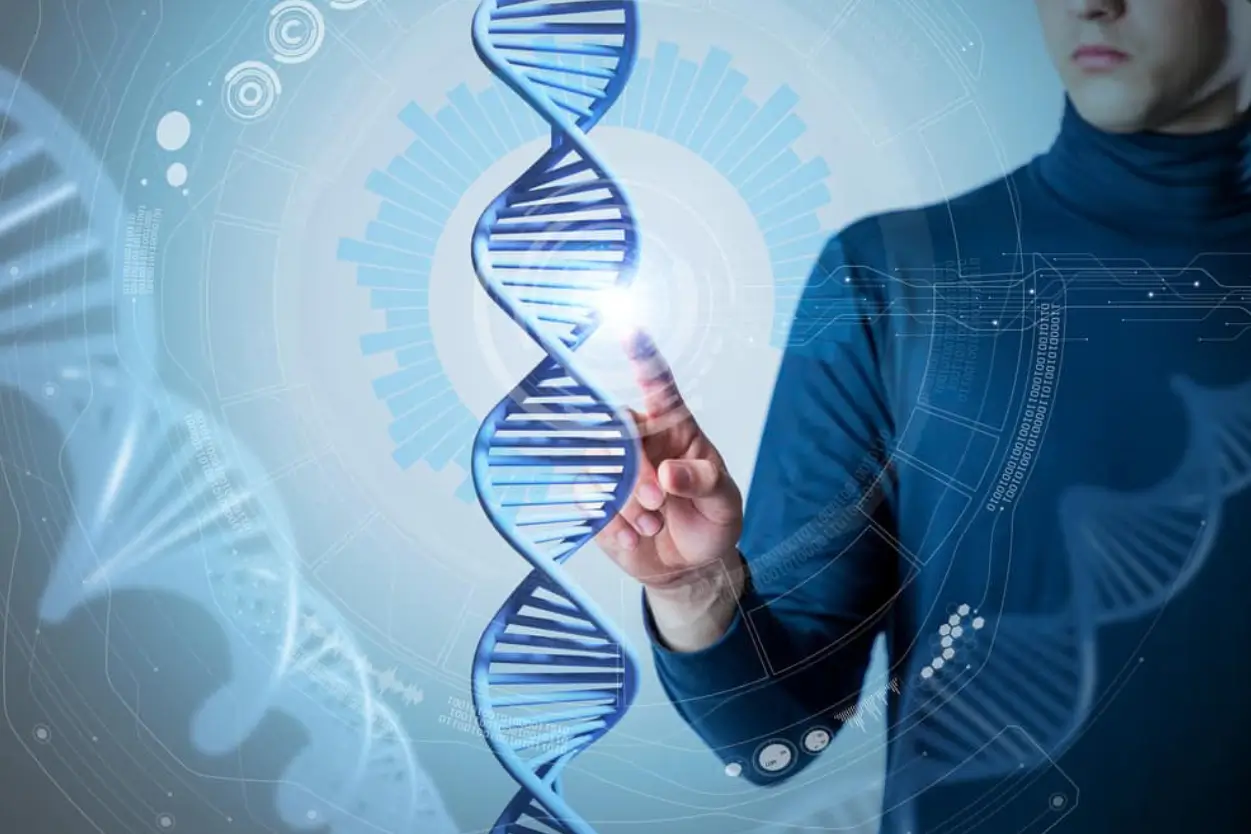 Futuristic interface with a hand reaching toward a 3D DNA strand, introducing the true cost of poor health and chronic conditions.