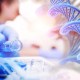 Researcher in blue gloves tilting a glass vial near a DNA strand model, depicting precision genomic DNA analysis for individualized care.