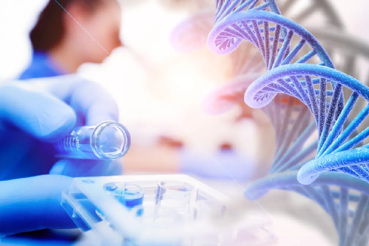 Researcher in blue gloves tilting a glass vial near a DNA strand model, depicting precision genomic DNA analysis for individualized care